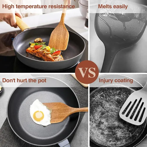 Vista 11 de Utensilios de cocina de madera, 6 piezas de cucharas de madera de acacia natural para cocinar con diseño antiadherente y resistente al calor, juego