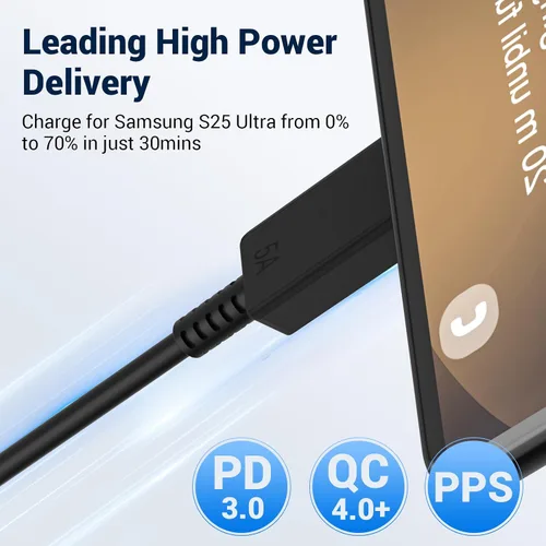 Vista 2 de Paquete de 2 cables de carga Samsung de 6 pies, 100 W/5 A, cable de carga rápida tipo C a tipo C, para Galaxy S25/S24/S23/S22/S21 Edge/Ultra/Note