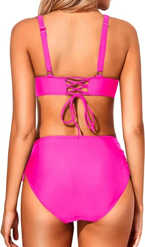 Vista 5 de Aqua Eve Traje de baño de 2 piezas para mujer, de cintura alta, con encaje frontal, fruncido, push up