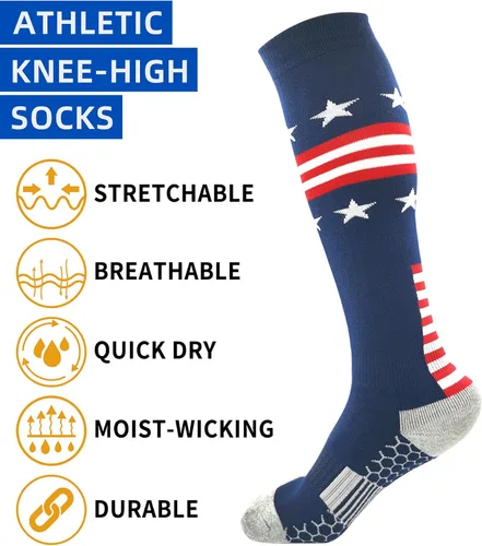 Vista 5 de Calcetines deportivos hasta la rodilla con bandera americana para béisbol, fútbol, sóftbol, fútbol