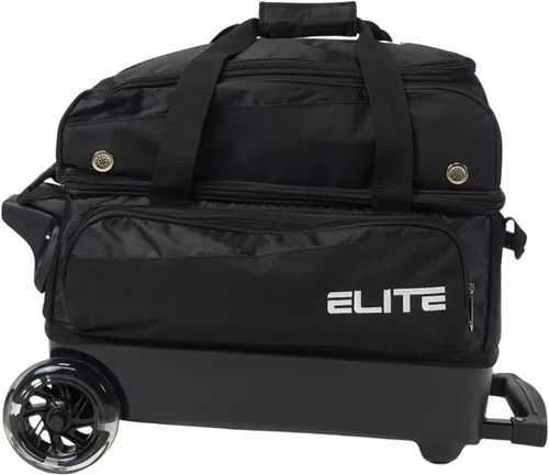 Vista 2 de ELITE Bolsa de bolos Deluxe de 2 bolas con ruedas lisas de 5 pulgadas, bolsillo grande para accesorios, compartimento para zapatos, mango extensible