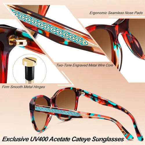 Vista 5 de CARFIA Cateye Polarized Sunglasses for Women UV Protection, Italy Handcrafted Acetate Frame with Embossed Pattern Wire Core