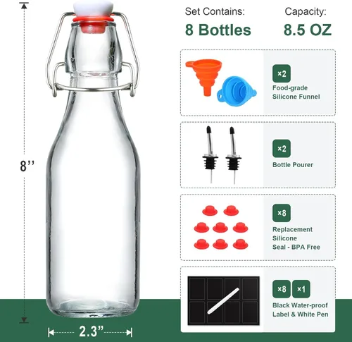 Vista 2 de Paquete de 8 botellas de vidrio con tapa abatible de 8.5 onzas, botellas