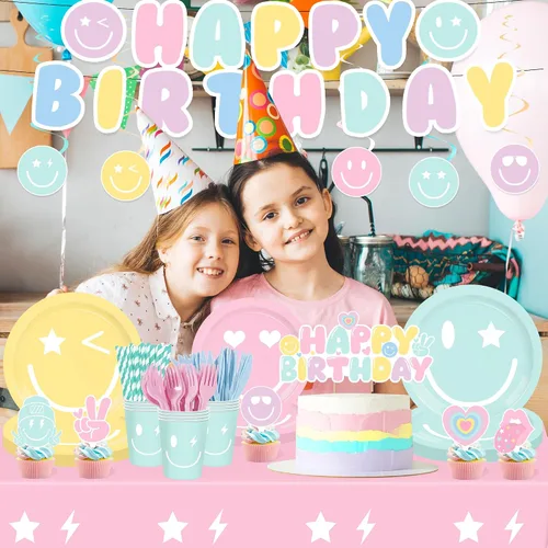 Vista 7 de 199 piezas de decoración de cumpleaños con cara sonriente y juego de platos temáticos y servilletas con temática de pastel sonriente, globo