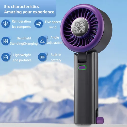 Vista 6 de Ventilador turbo portátil de mano, mini ventilador plegable, ventiladores pequeños, colgar el cuello, batería recargable, 5 ajustes de velocidad