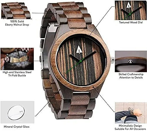 Vista 3 de treehut Reloj de madera para hombre con correa de madera ajustable y hebilla de acero inoxidable, reloj analógico de cuarzo japonés con caja