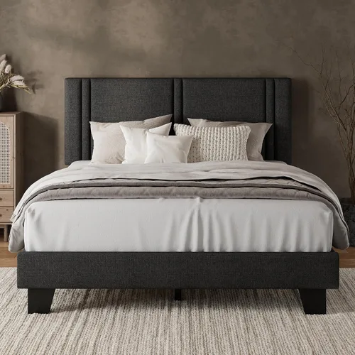 Vista 10 de iPormis Base de cama de plataforma individual con cabecera tapizada de tela y patas gruesas, base de colchón con soporte de listones de madera Gris