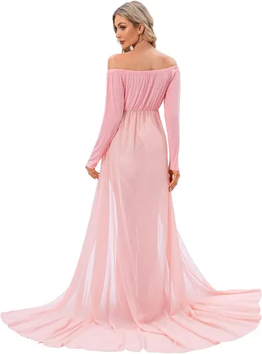 Vista 4 de ZIUMUDY Vestido de maternidad para sesión de fotos de manga larga con hombros descubiertos, vestido de encaje ajustado con capa larga de gasa trian