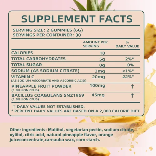 Vista 4 de Gomitas para Mujeres para Equilibrio del pH, Probiótico Premium para la Salud Femenina Vaginal, Apoyo Inmunológico, Vegano, Sin Gluten, Sabor a Piña
