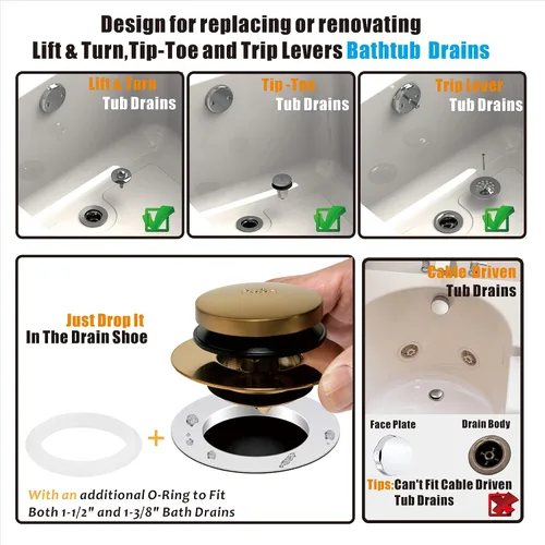 Vista 2 de Artiwell Kit universal de conversión de desagüe de bañera de punta – Kit de recambio de drenaje de bañera con placa frontal de desbordamiento de 1