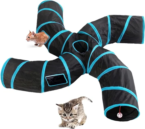Vista 7 de Túnel para gatos, túneles plegables grandes de 3 vías con 4 agujeros de mirada, juguete interactivo para gatos en forma de S, juguete interactivo