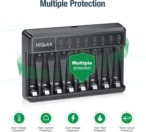 Vista 5 de HiQuick Cargador de batería inteligente de 8 bahías con batería 4AA y 4AAA + 16 pilas recargables AAA
