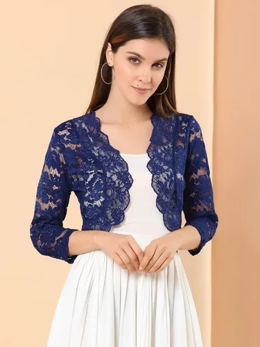 Vista 2 de Allegra K - Chaquetilla elegante para mujer de encaje floral traslúcido y manga 34