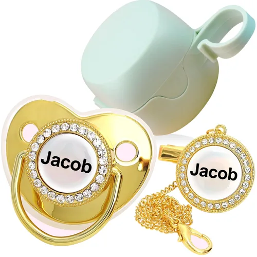 Vista 9 de Chupete personalizado con nombre, set de clip para chupete dorado brillante con caja de almacenamiento, chupete personalizado con purpurina