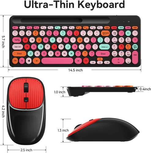 Vista 5 de Combo de teclado y mouse inalámbricos estilo máquina de escribir retro con teclas redondas, teclado inalámbrico USB compacto de 2.4GHz bonito