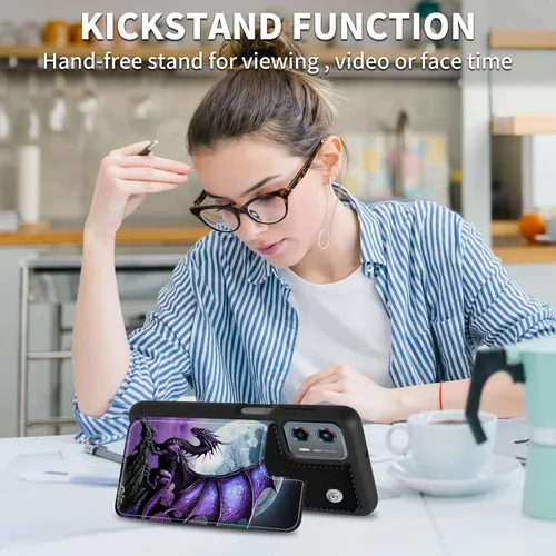 Vista 5 de FUYOCWE Funda para Motorola Moto G 5G 2023 con tarjetero, diseño de dragón morado bajo luna llena, piel sintética, función atril, ranura