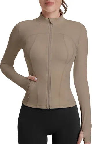 Vista 14 de VUTRU Womens Workout Yoga Jacket Lightweight Zip Up Athletic Jacket Lightweight Cropped Jacekt with Pockets Beige