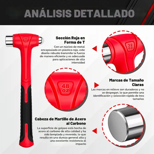 Vista 3 de C&T Martillo de Bola de 3 Piezas, 16oz 32oz 48oz, Martillo de Mango de Fibra de Vidrio para Bola, Martillo de Bola de Golpe con Mango y Construcción