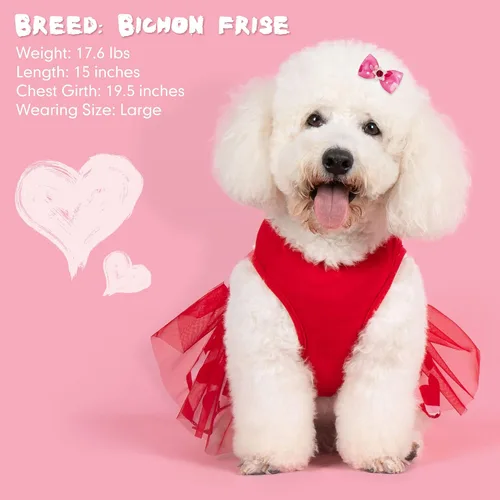 Vista 3 de cyeollo - Vestido de San Valentín para perro, traje de tul con estampado de corazón, con clip de lazo, talla XS Soft Breathable Fabric