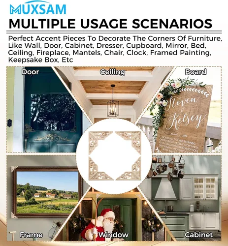 Vista 7 de MUXSAM Apliques decorativos de madera, paquete de 4 calcomanías de madera sin pintar, incrustaciones de incrustaciones de esquinas para armario