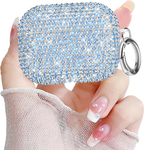 Vista 9 de Newseego Funda para AirPods de 1 y 2 generación, funda de lujo con diamantes de imitación brillantes con llavero para mujeres y niñas, anti-pérdida