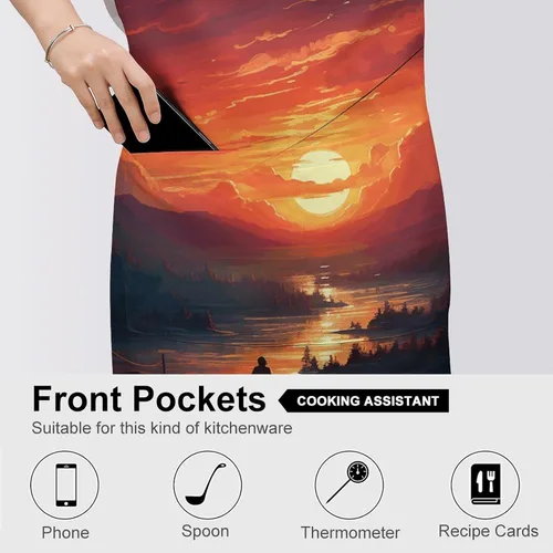 Vista 5 de Sunset Art Aprons Waterproof Cooking Kitchen Apron Unisex Adjustable Bib Apron with Pocket Restaurant Chef Works Aprons for Waitress Waiter