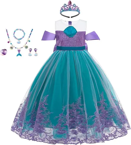 Vista 9 de Vestidos de tul de princesa sirena para niñas, disfraz de Halloween, carnaval, Navidad, fiesta de cumpleaños con accesorios