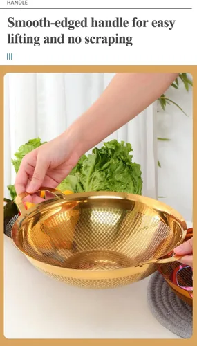 Vista 6 de Colador de acero inoxidable con asa y patas para pasta, espaguetis, bayas, verduras, frutas, fideos, ensaladas, colador de frutas, colador