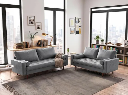 Vista 18 de Container Furniture - Sofá de piel sintética para la sala de estar moderna con cojines extraíbles y patas de madera maciza, sofá estilo lujoso