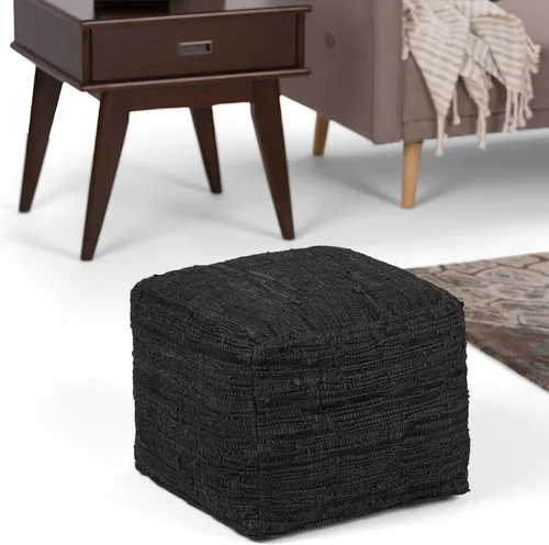 Vista 3 de SIMPLIHOME Fredrik - Puf cuadrado – Otomano de cuero genuino tejido de 18 pulgadas de ancho en negro, reposapiés estilo bohemio o asiento adicional