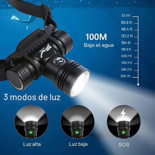 Vista 3 de Linterna frontal de buceo recargable de alto lúmenes para buceo, súper brillante, IPX8, impermeable, buceo, natación, submarinos, 3 modos, luz