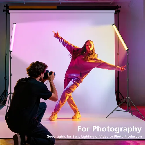 Vista 2 de Varita de luz LED RGB con soporte, QEUOOIY 360° a todo color 2500-9500K iluminación portátil de fotografía de estudio, batería recargable de 5000