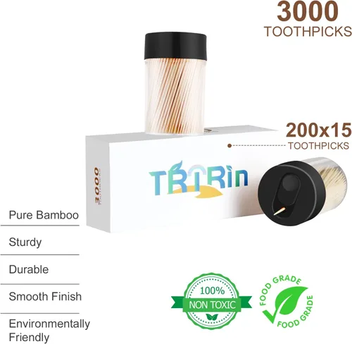 Vista 2 de Palillos de dientes de madera de bambú [3000 unidades]: con 2 soportes para palillos de dientes reutilizables, palillos de dientes resistentes