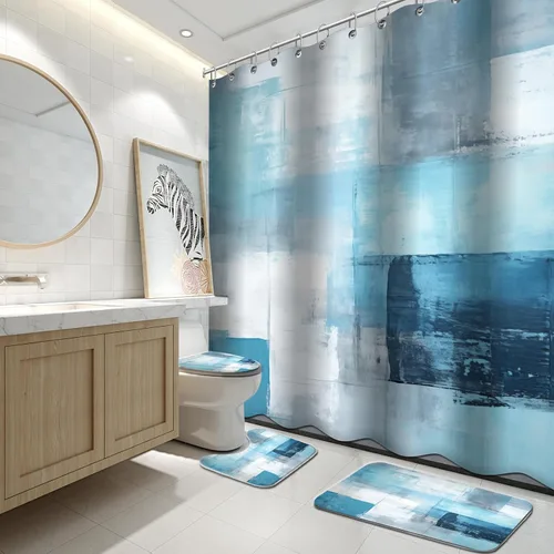 Vista 16 de Lnond 4 Piezas Juegos de Cortinas de Ducha de Baño Moradas con Alfombras, Arte de Pintura Púrpura y Gris Juegos de Baño con Cortina de Ducha