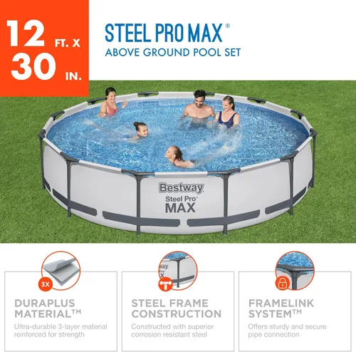 Vista 2 de Bestway Steel Pro MAX - Piscina sobre el suelo (12 pies x 30 pulgadas) Piscina familiar redonda para patio trasero al aire libre con forro