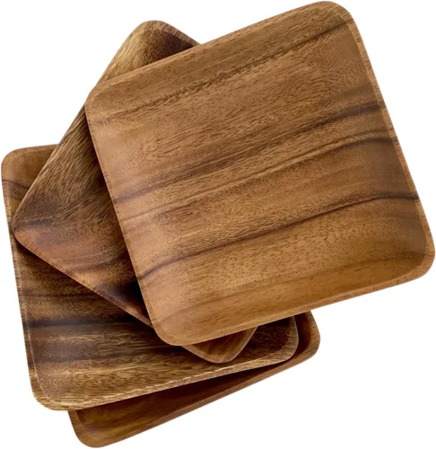Vista 3 de Platos cuadrados de madera de acacia, 6 pulgadas, postre, aperitivos y pan