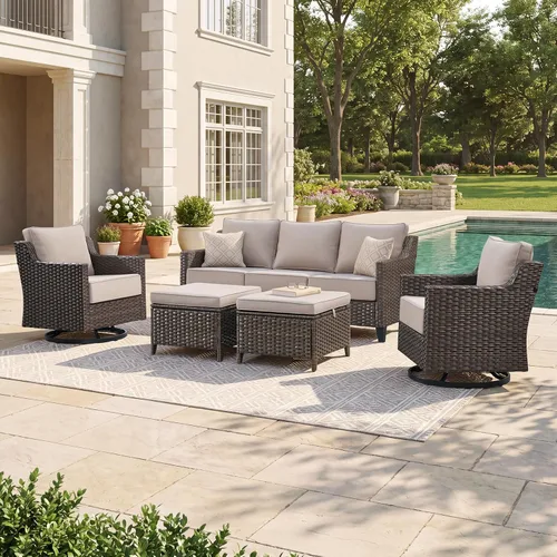 Vista 37 de Belord Sofá de patio exterior acolchado de 3 asientos de lujo de 6 pulgadas Cojín de mimbre marrón/beige de 6 pulgadas