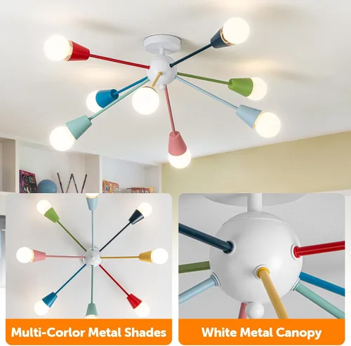 Vista 3 de Candelabro colorido, candelabro Sputnik moderno, 8 luces para niños con luces divertidas multicolor arcoíris para habitación de niños, sala