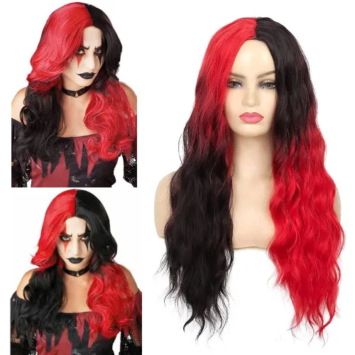 Vista 10 de Swiking Pelucas largas de color verde y negro para mujer, pelucas de cabello ondulado natural ombré verde sintético de fibra suave para fiesta