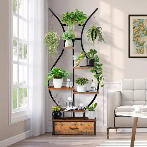 Vista 2 de Soporte para plantas de interior de 7 niveles con ganchos y cajón para colgar, soporte de esquina en forma de jarrón de 68.1 pulgadas de alto