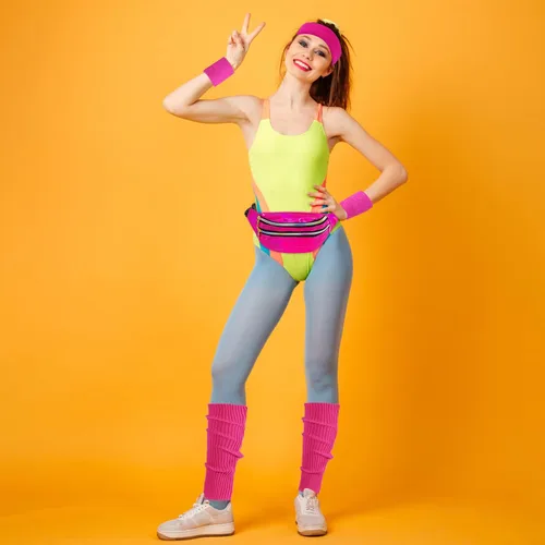 Vista 3 de ONUPGO Calentadores de piernas para mujer, accesorios de disfraces de los años 80, riñonera holográfica, calentadores de piernas de neón de punto