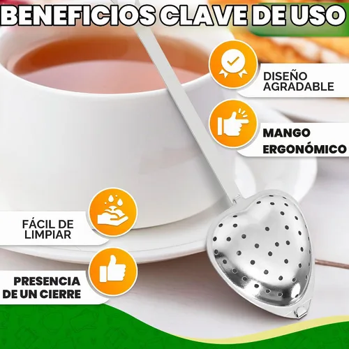 Vista 4 de Infusor de té de corazón, 10 unidades, 5.52 pulgadas, acero inoxidable más Juego de infusor de té de corazón plateado