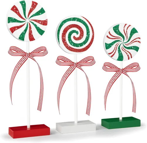 Vista 7 de Juego de 3 piezas de decoración de mesa de Navidad, dulces de madera, decoración de bandeja escalonada de Navidad roja, decoración rústica de mesa