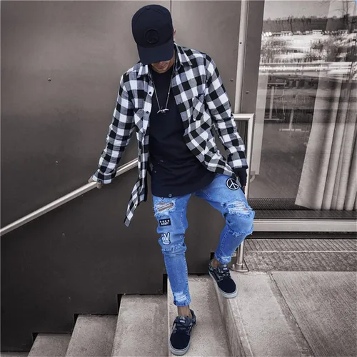 Vista 2 de Pantalones de mezclilla ajustados para hombre, ajustados, rasgados, ajustados, desgastados, con agujeros rasgados