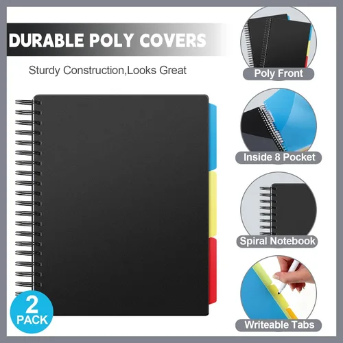 Vista 3 de Yeaqee 2 Pack 3 Subject Notebook College Ruled 8.5 x 11, 300 Pages (150 Sheets) 3 Subject Black Spiral Notebook with Tabs, Pocket Dividers Multi