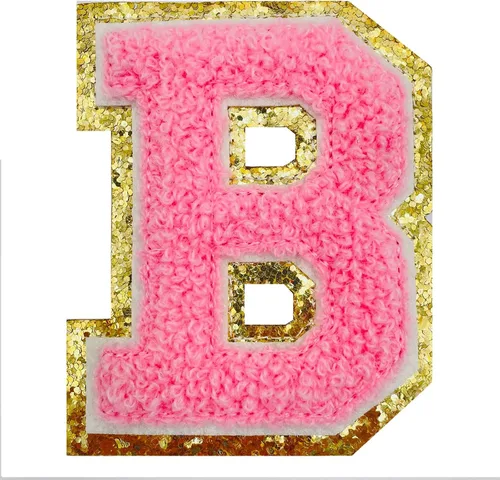 Vista 9 de Jongdari Letras termo-adhesivas de felpilla para ropa, parche del alfabeto con purpurina y adhesivo planchado, 26 unidades, color rosa