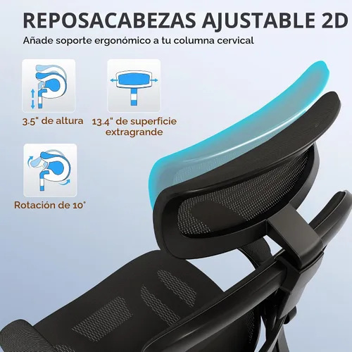Vista 7 de GABRYLLY Silla de oficina ergonómica de malla, silla de escritorio ajustable para el hogar con reposabrazos plegable, reposacabezas 2D, asiento Negro