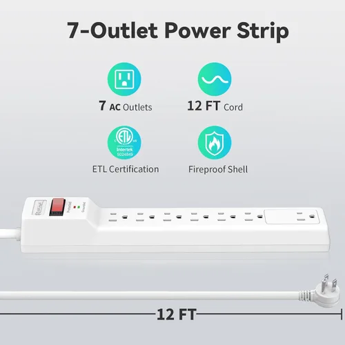 Vista 2 de Protector de sobretensiones de 12 pies (900 julios), tira de alimentación de enchufe plano, cable de extensión de 12 pies con múltiples tomas, 7