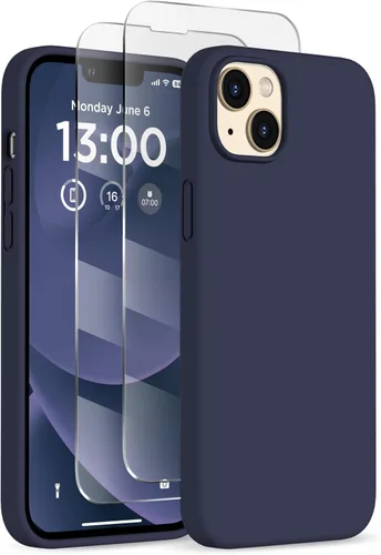 Vista 16 de Funda delgada para iPhone 13 de 6.1 pulgadas, silicona líquida a prueba de golpes, con forro de microfibra suave antiarañazos, 2 protectores