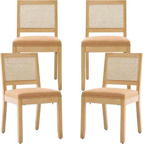 Vista 37 de ODUSE-DAILY Juego de 2 sillas de comedor French Country color beige, sillas de comedor de madera bohemia con respaldo tejido y asiento tapizado